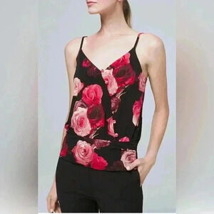 White House Black Market Rose Print Jersey Knit Button-Surplice Cami Size Small